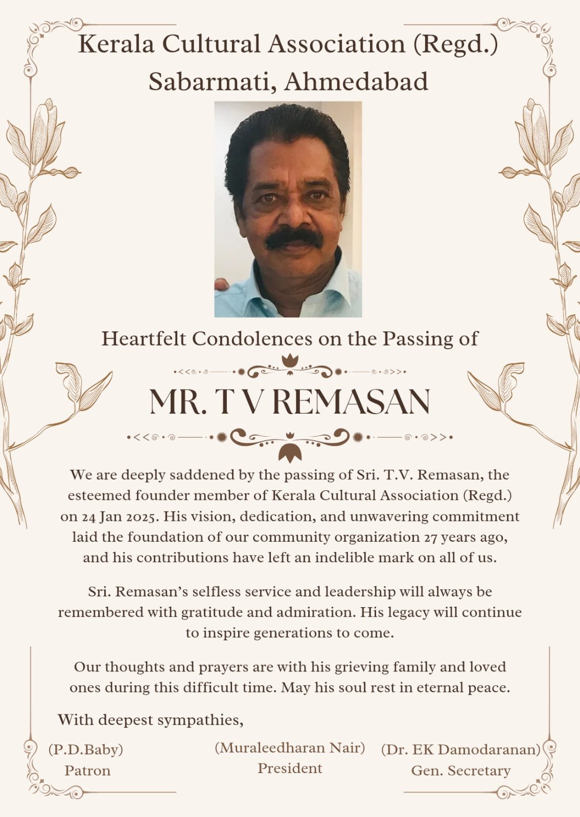 Condolance to Shri TV Remasan